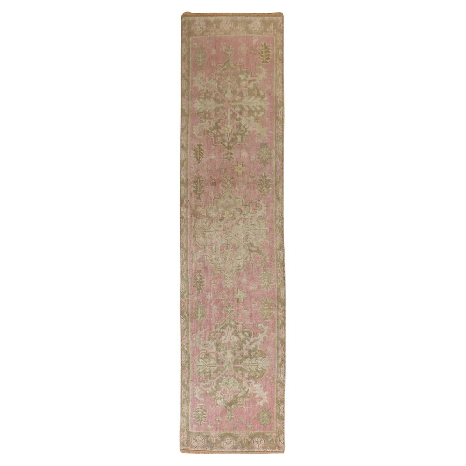 Zabihi Collection Antique Turkish Oushak Runner Wool Hand-Woven 30 x 127 in Bubble Gum Pink: Zabihi Collection Antique Turkish Oushak Runner Wool Hand-Woven 30 x 127 in Bubble Gum Pink Enhance your space with this stunning Bubble Gum Pink Turkish Oushak Runner, a beautiful representation of e