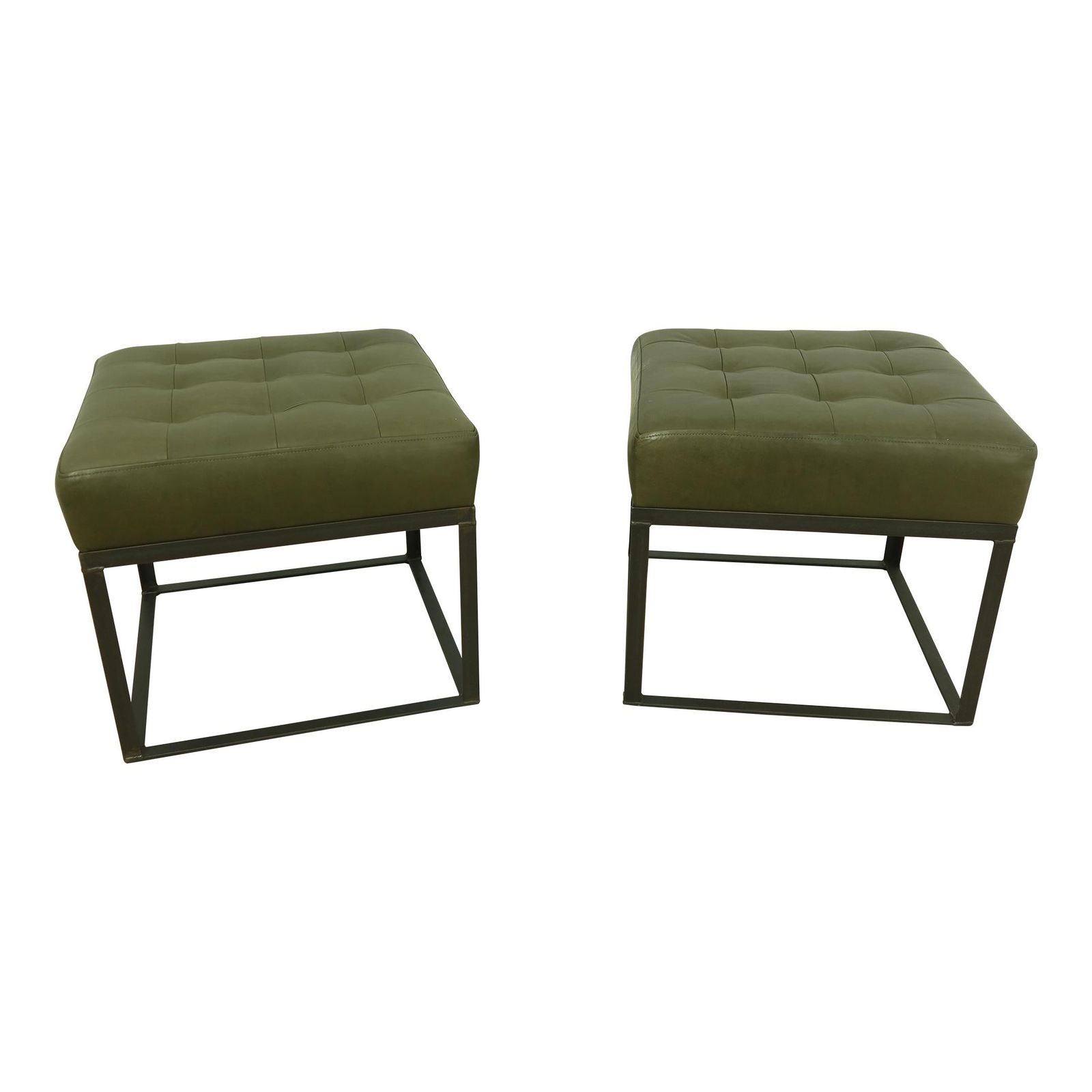 Pair of Industrial Modern Green Leather Stools with Iron Base (1 of 7)