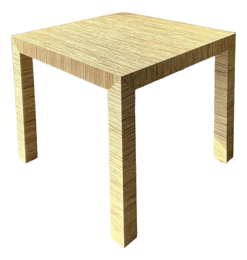 1970s Square Grasscloth Table With Pedestal Legs Boho Chic Style: 1970s Square Grasscloth Table With Pedestal Legs Boho Chic Style This vintage table features a bold square design, fully clad in natural grasscloth for a highly textural, organic look. Its geometric p