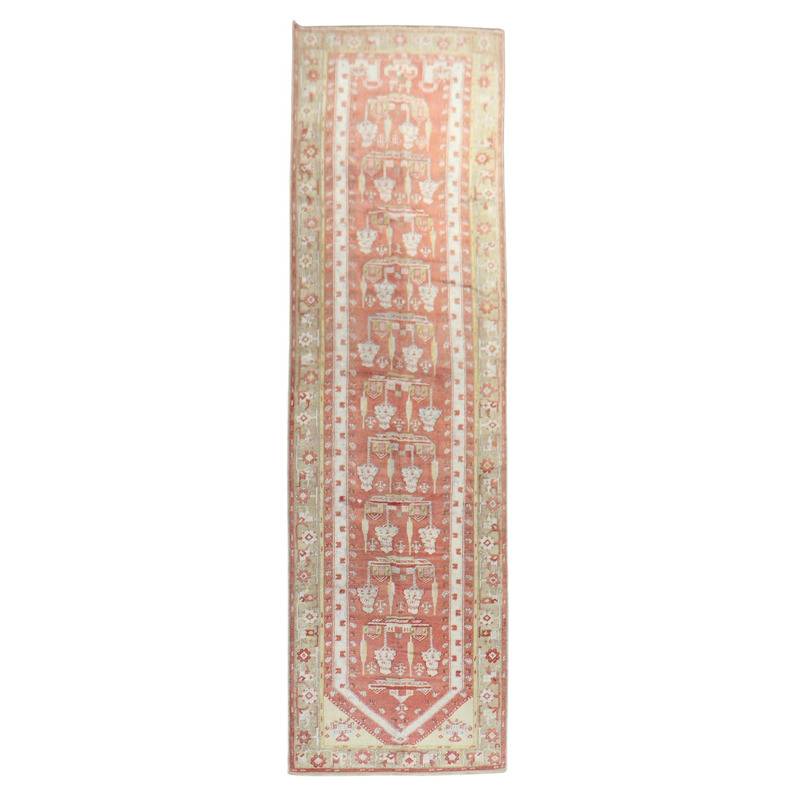 Antique Turkish Melas Oushak Runner Hand-Woven Wool Soft Red 41 x 156: Antique Turkish Melas Oushak Runner Hand-Woven Wool Soft Red 41 x 156 Presenting a stunning antique Turkish Melas runner, showcasing a captivating prayer design in a predominant soft red hue. This han