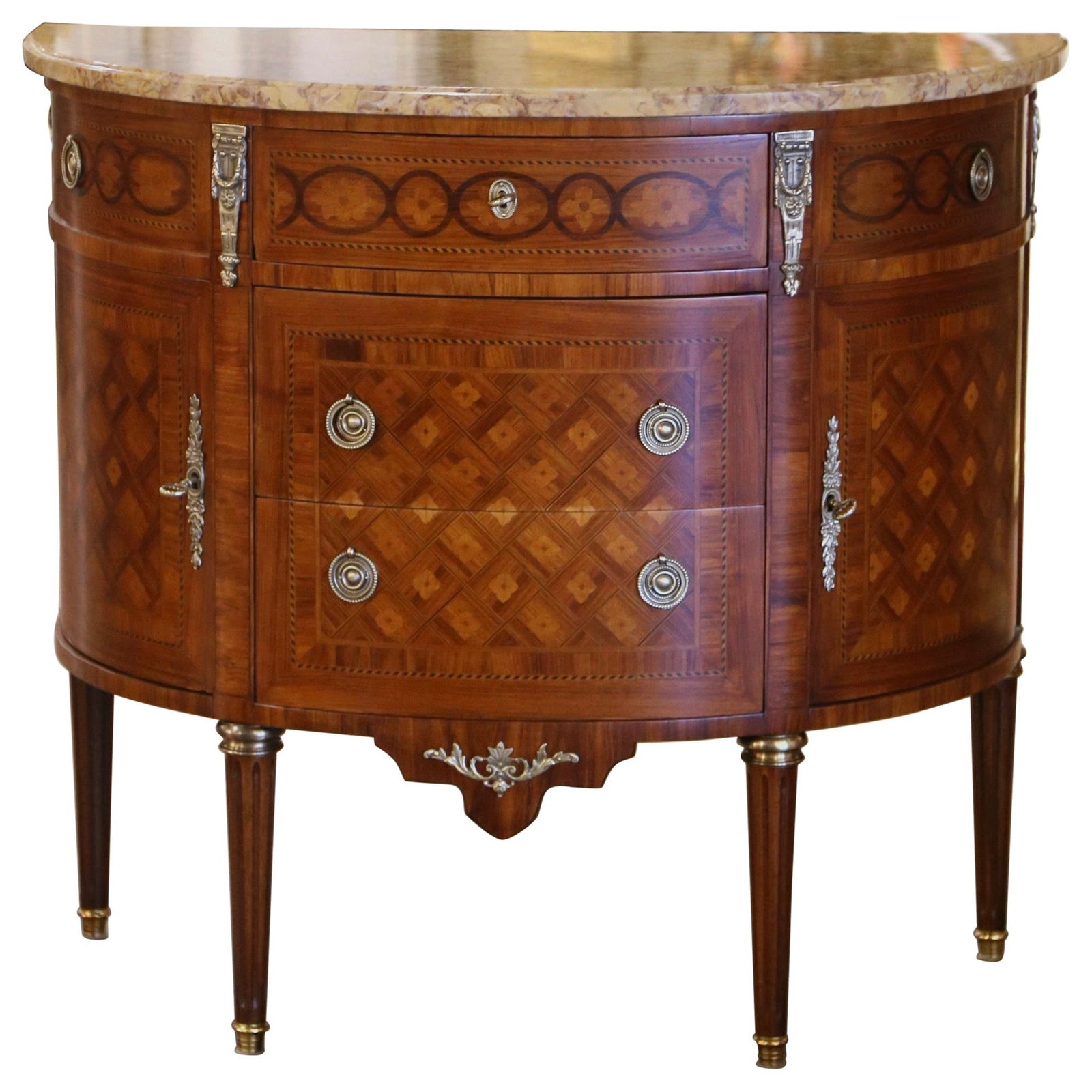 French Louis XVI Style Walnut Demilune Chest with Marble Top and Ormolu Mounts (1 of 13)
