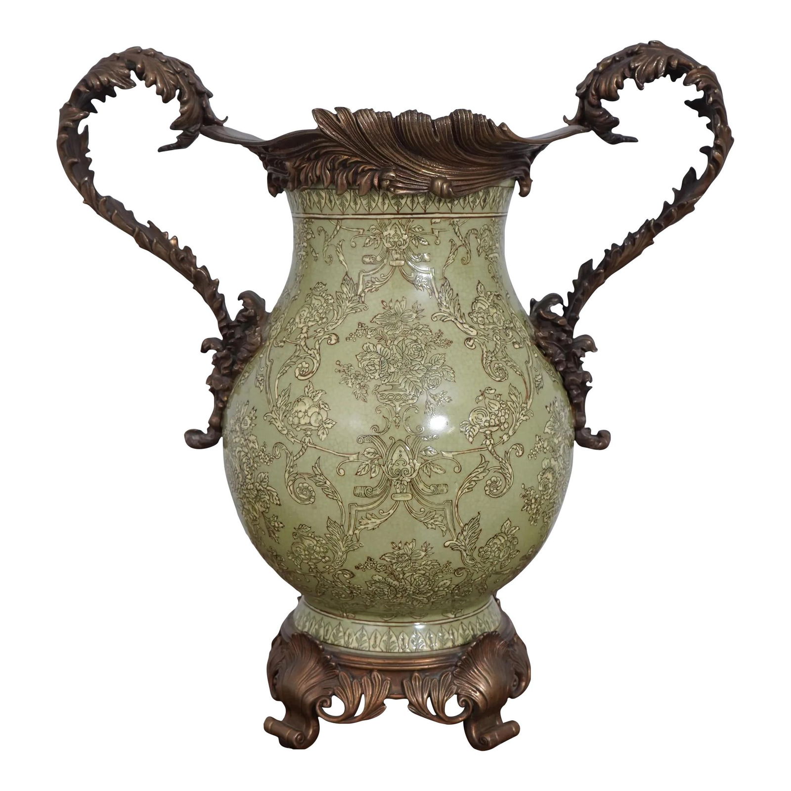 Chinese Green Crackle Porcelain Centerpiece with Bronze Accents (1 of 10)