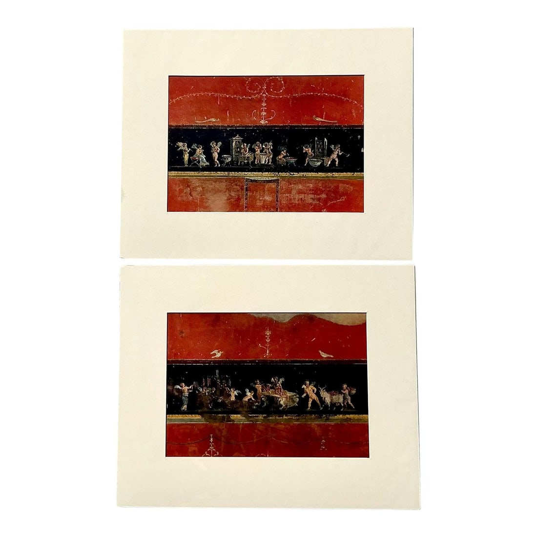 Pair of Mid-Century Italian Pompeii Fresco Style Vintage Art Prints Set of 2: Pair of Mid-Century Italian Pompeii Fresco Style Vintage Art Prints Set of 2 This set of two vintage Italian prints pays tribute to the famous frescoes of ancient Pompeii. Featuring the distinctive "P