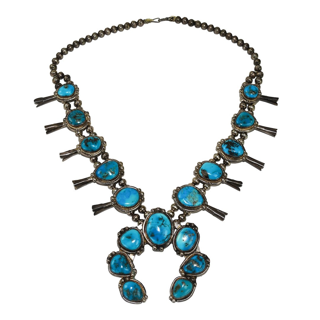 Sterling Silver Turquoise Squash Blossom Necklace Native American Style 24 Inch (1 of 8)