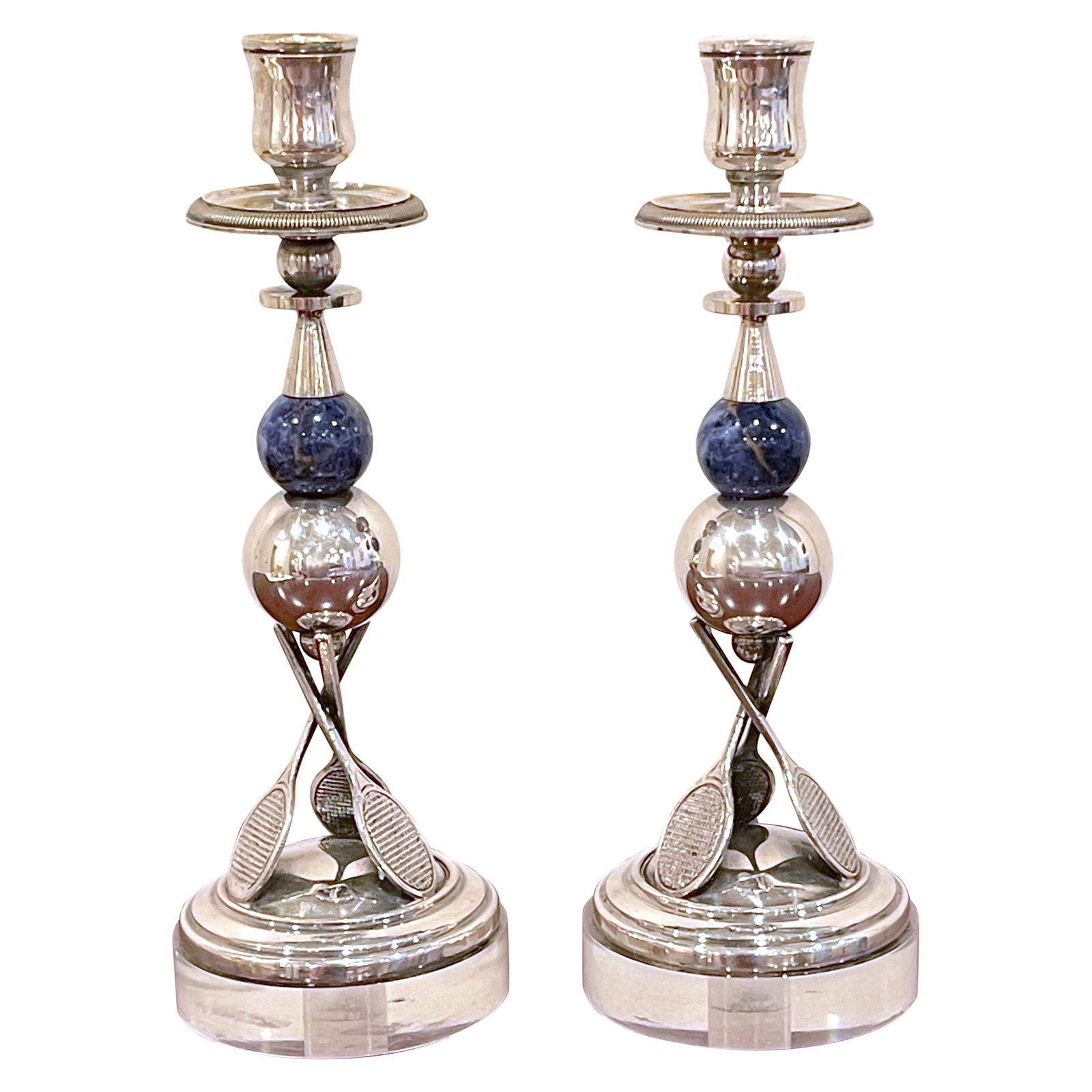 Mid-Century Modern Italian Silver-Plated Lapis Lucite Tennis Candlesticks Set of 2: Mid-Century Modern Italian Silver-Plated Lapis Lucite Tennis Candlesticks Set of 2 This exquisite pair of Italian silver-plated candlesticks features a unique tennis motif, combining lapis lazuli and