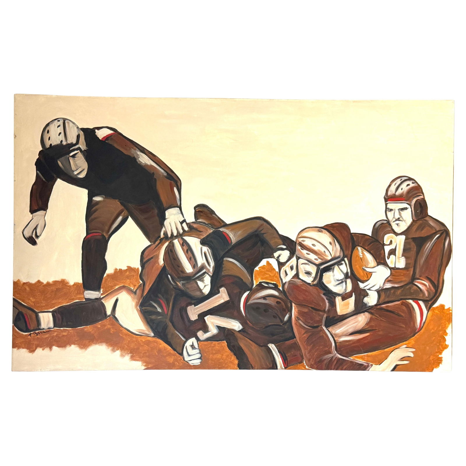 T. Byrne Oil Painting Leather Helmet Football Scene 30" x 48" Mid-Century Canvas: T. Byrne Oil Painting Leather Helmet Football Scene 30" x 48" Mid-Century Canvas This mid-century oil on canvas titled "The Pile-Up: 1930s Football" is painted by T. Byrne and measures 30 inches high