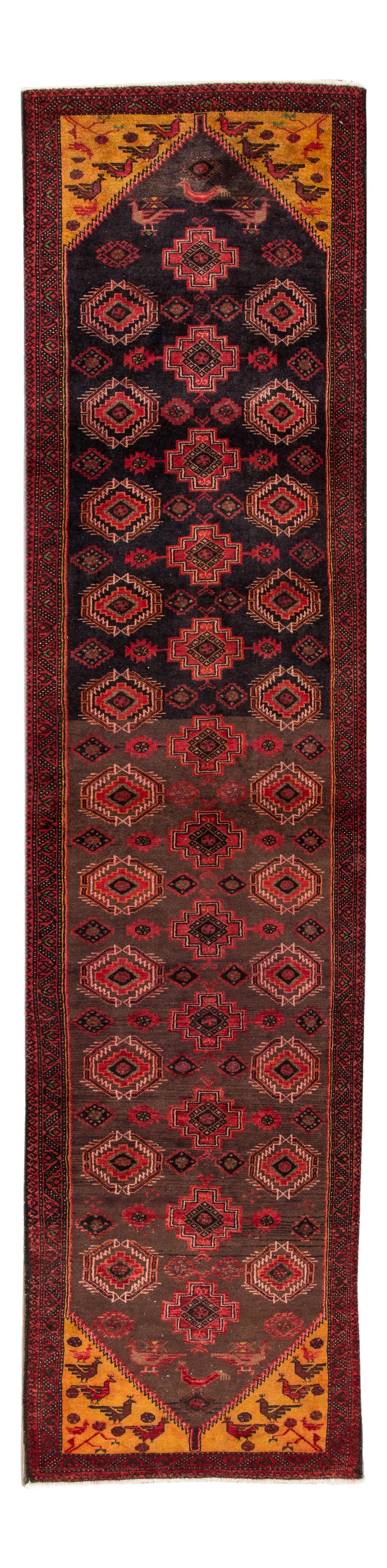 Vintage Persian Gabbeh Handmade Wool Rug 3'1 x 12'8 Brown Multi-Medallion Design: Vintage Persian Gabbeh Handmade Wool Rug 3'1 x 12'8 Brown Multi-Medallion Design Enhance your space with this stunning Vintage Gabbeh Handmade Wool rug, featuring a rich all-over brown field beautiful