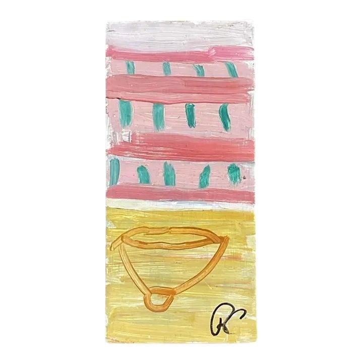 Signed Abstract Canvas Artwork by Russell Christoffersen in Pastel Yellow and Pink: Signed Abstract Canvas Artwork by Russell Christoffersen in Pastel Yellow and Pink This vintage abstract painting by Russell Christoffersen is signed by the artist and features a harmonious blend of p