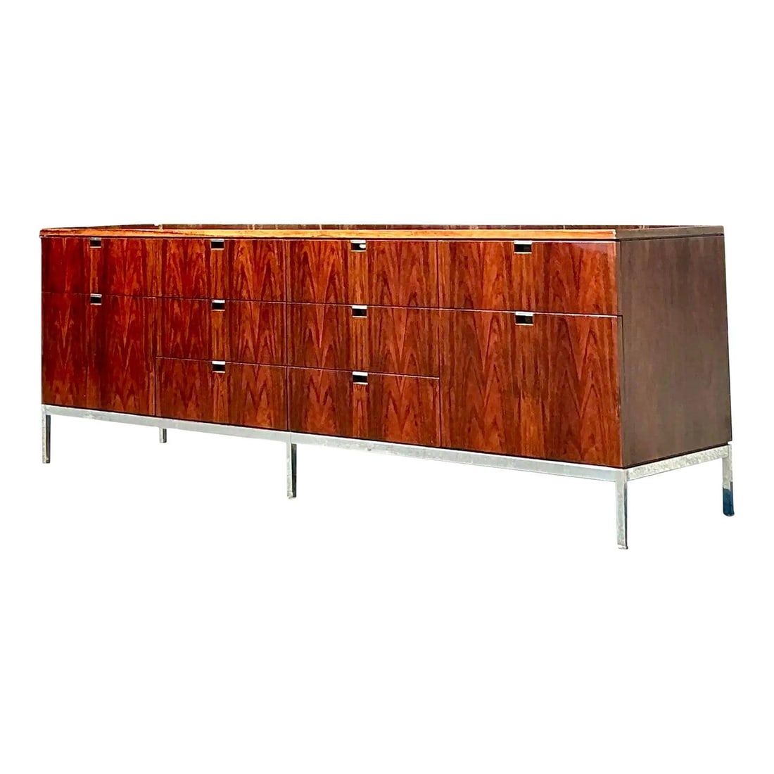 1960s Mid-Century Modern Knoll Rosewood Credenza with Chrome Accents: 1960s Mid-Century Modern Knoll Rosewood Credenza with Chrome Accents This stunning 1960s Vintage Knoll Credenza embodies the essence of Mid-Century Modern design. Crafted from exquisite rosewood