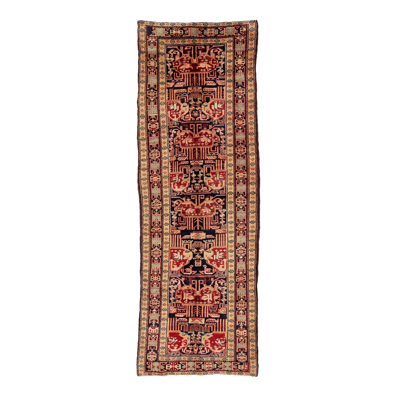 Persian Heriz Wool Runner Rug Blue Peach Handmade 3'5 x 9'11: Persian Heriz Wool Runner Rug Blue Peach Handmade 3'5 x 9'11 Elevate your space with this exquisite hand-knotted Persian Heriz wool runner. The rug showcases a rich dark blue field adorned with an int