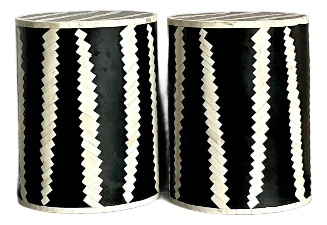 Pair of Vintage Tessellated Bone Drum Stools With Chevron Inlay: Pair of Vintage Tessellated Bone Drum Stools With Chevron Inlay This pair of vintage low stools features a tessellated bone and black resin inlay arranged in a stepped chevron pattern, offering a stri