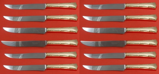 Gorham Greenbrier Sterling Silver Steak Knife Set 12pc 8.5 Inch Serrated: Gorham Greenbrier Sterling Silver Steak Knife Set 12pc 8.5 Inch Serrated Enhance your dining experience with this exquisite set of 12 steak knives from the Greenbrier pattern by Gorham. Each knife fea