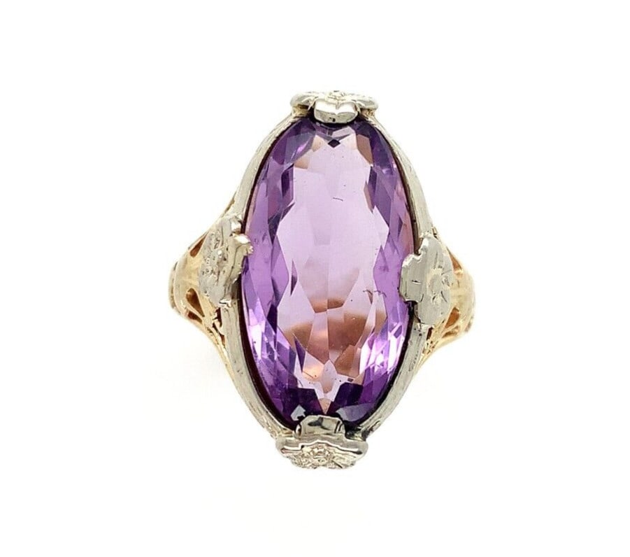 Art Deco 10k Gold Filigree Amethyst Ring with Floral Accents (1 of 10)