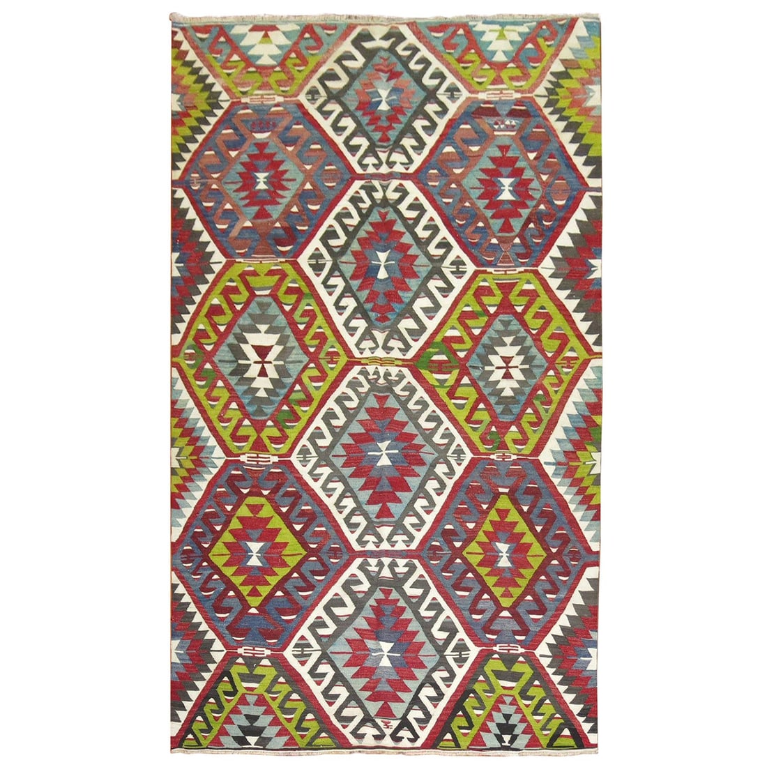 Vibrant Geometric Tribal Kilim Rug Hand-Knotted Wool Turkey 5'2 x 9'10: Vibrant Geometric Tribal Kilim Rug Hand-Knotted Wool Turkey 5'2 x 9'10 Discover the beauty of this vibrant geometric Turkish Kilim, showcasing exquisite craftsmanship from the mid-20th century. Hand-k