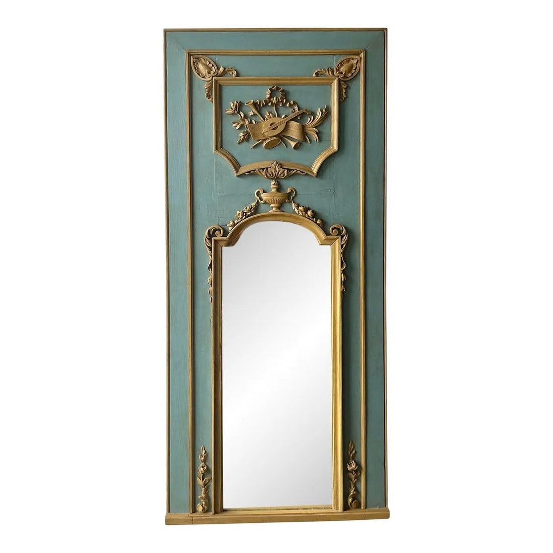 Hollywood Regency Trumeau Wall Mirror with Gilt Accents and Distressed Blue Frame: Hollywood Regency Trumeau Wall Mirror with Gilt Accents and Distressed Blue Frame This vintage Trumeau mirror showcases the classic Hollywood Regency style with a distressed pale blue (jade) frame acc