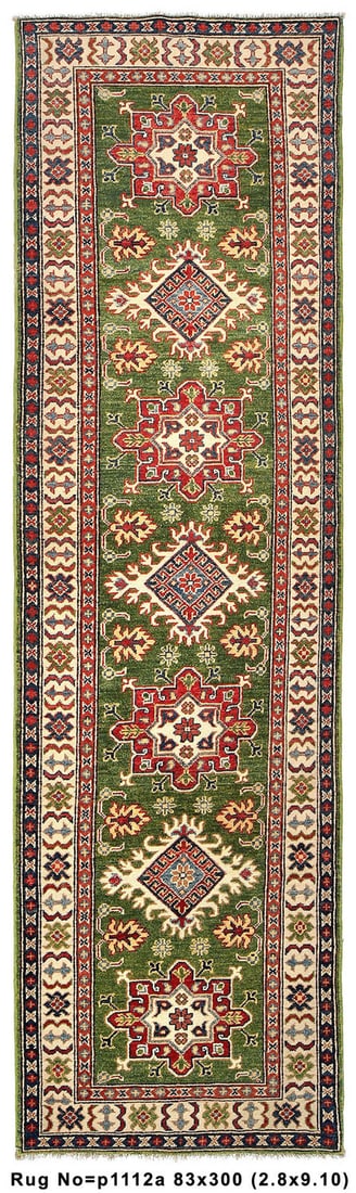 Handmade Kazak Wool Runner 2'9" x 9'10" Green Area Rug: Handmade Kazak Wool Runner 2'9" x 9'10" Green Area Rug Free continental US Shipping Introducing the Green Handmade Wool Genuine Kazak Rug, a beautiful 10-foot runner (2'9" x 9'10") that elegantly comb