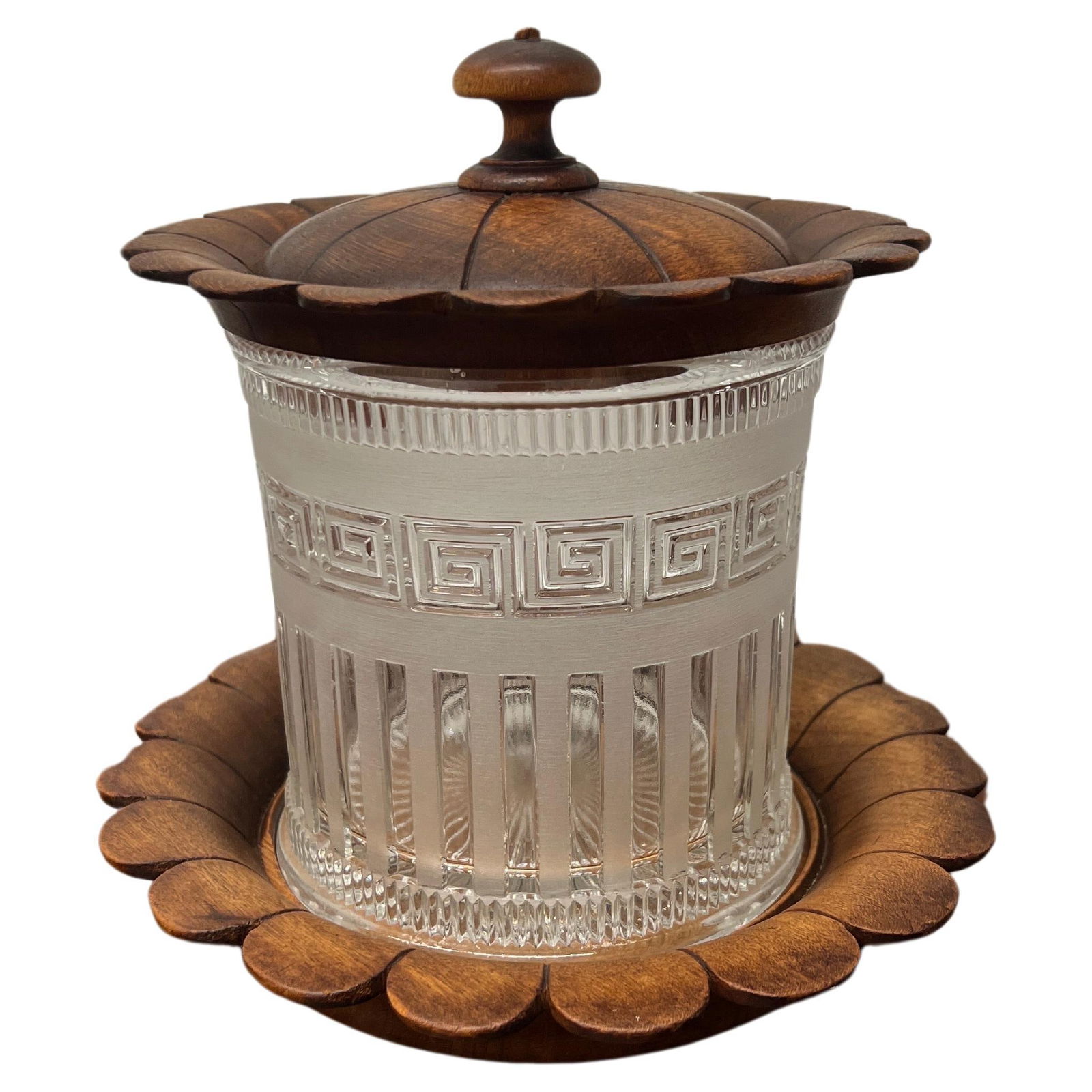 Antique English Glass Biscuit Barrel with Carved Oak Base 1867: Antique English Glass Biscuit Barrel with Carved Oak Base 1867 This elegant antique biscuit barrel or humidor, crafted in England circa 1867, features a stunning Greek key motif. The main body is made