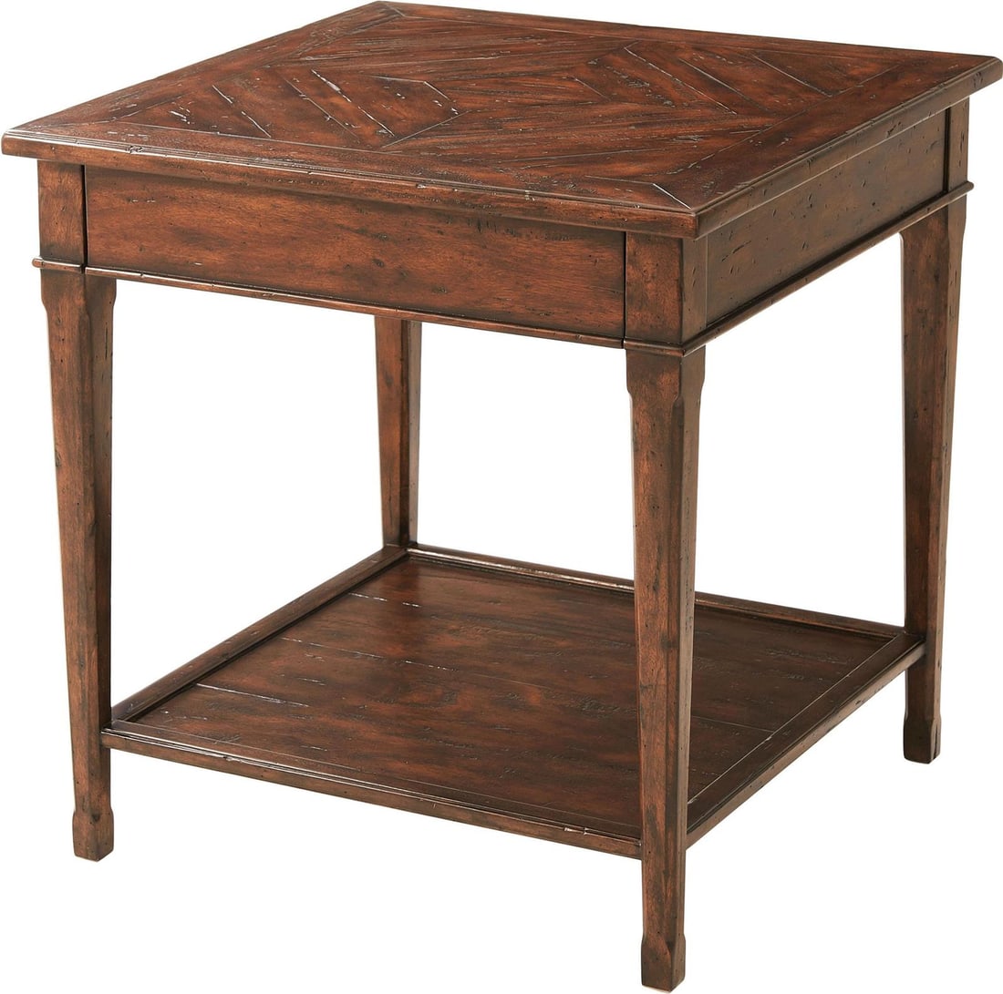 Mahogany Square Guest Side Table Theodore Alexander Inspired Design: Mahogany Square Guest Side Table Theodore Alexander Inspired Design This rustic bedside table by Theodore Alexander is crafted from mahogany and features a square shape with an antique or vintage-styl
