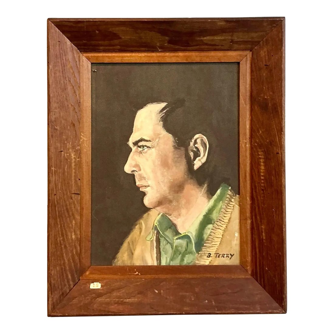 Original Oil Portrait Painting Signed by B Terry in Rustic Wood Frame: Original Oil Portrait Painting Signed by B Terry in Rustic Wood Frame This vintage oil portrait on canvas, signed by artist B. Terry, features a sensitively rendered profile set against a dramatic dar