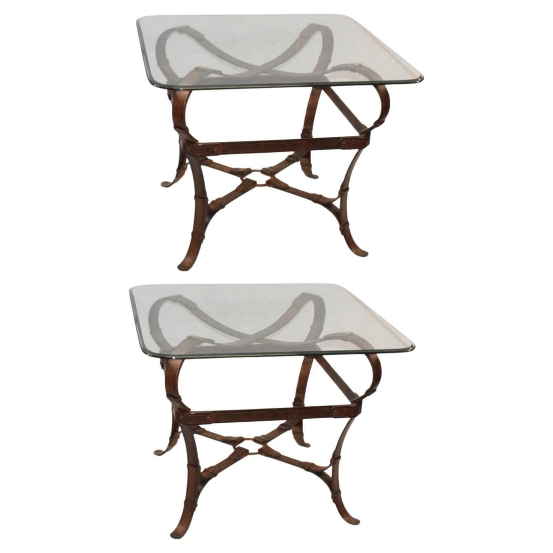 Set of 2 Jacques Adnet Style Equestrian Iron Glass Side Tables: Set of 2 Jacques Adnet Style Equestrian Iron Glass Side Tables This exquisite pair of side tables, inspired by the designs of Jacques Adnet for Hermes, showcases an equestrian motif that reflects mid-