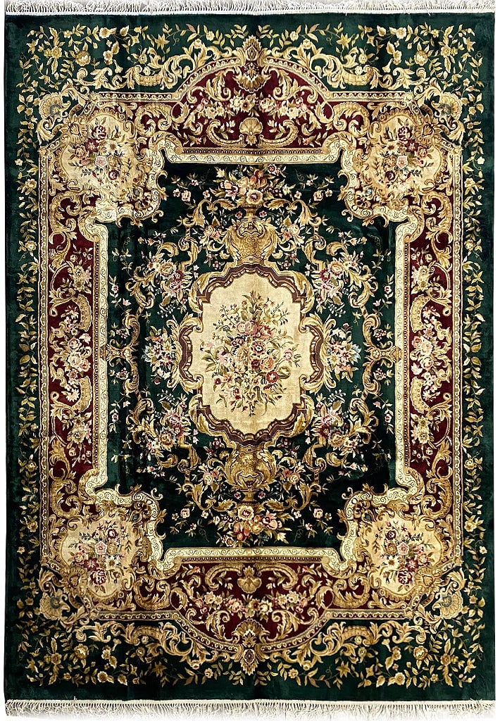 8 x 10 Handmade Aubusson Rug Dark Green Bamboo Silk: 8 x 10 Handmade Aubusson Rug Dark Green Bamboo Silk Free continental US Shipping Enhance your space with this exquisite 8 x 10 French Aubusson Handmade Rug, crafted from luxurious bamboo silk in a ric