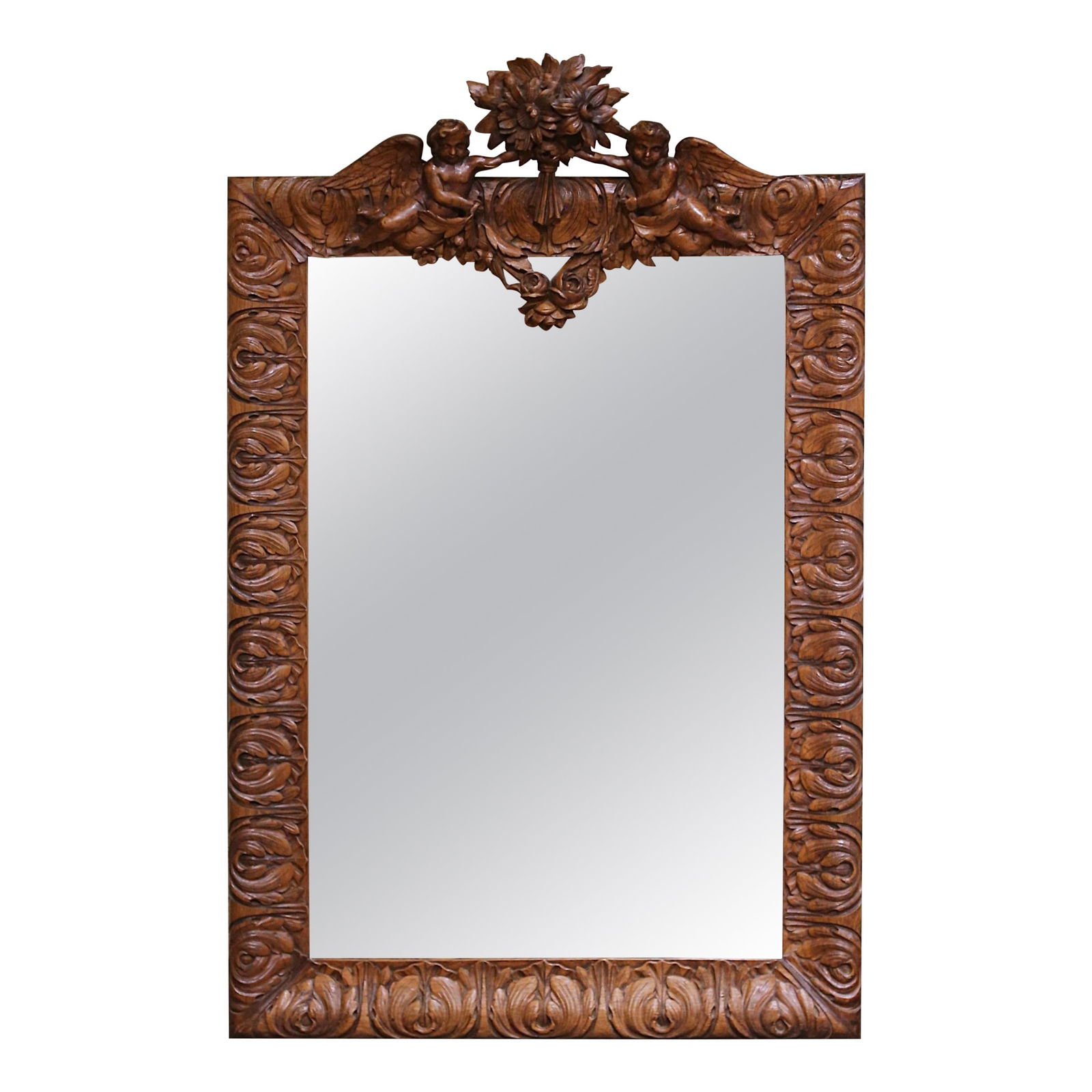 French Louis XV Oak Wall Mirror with Carved Cherubs and Floral Motif Circa 1860 (1 of 9)