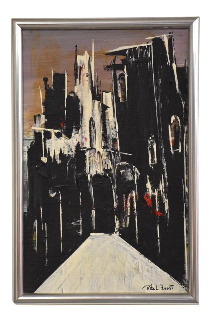 Rita Frost Mid Century Modern Black Oil on Canvas Painting: Rita Frost Mid Century Modern Black Oil on Canvas Painting Experience the allure of mid-century modern art with this stunning dark oil on canvas abstract painting by Rita Frost. This piece features a