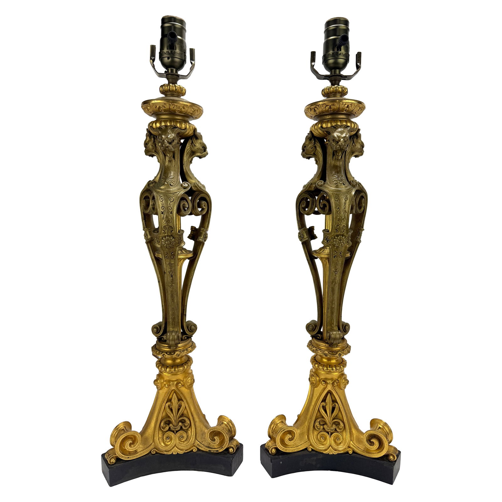 Pair of Early 1900s Parcel-Gilt Bronze Tripod Table Lamps Set of 2 (1 of 17)