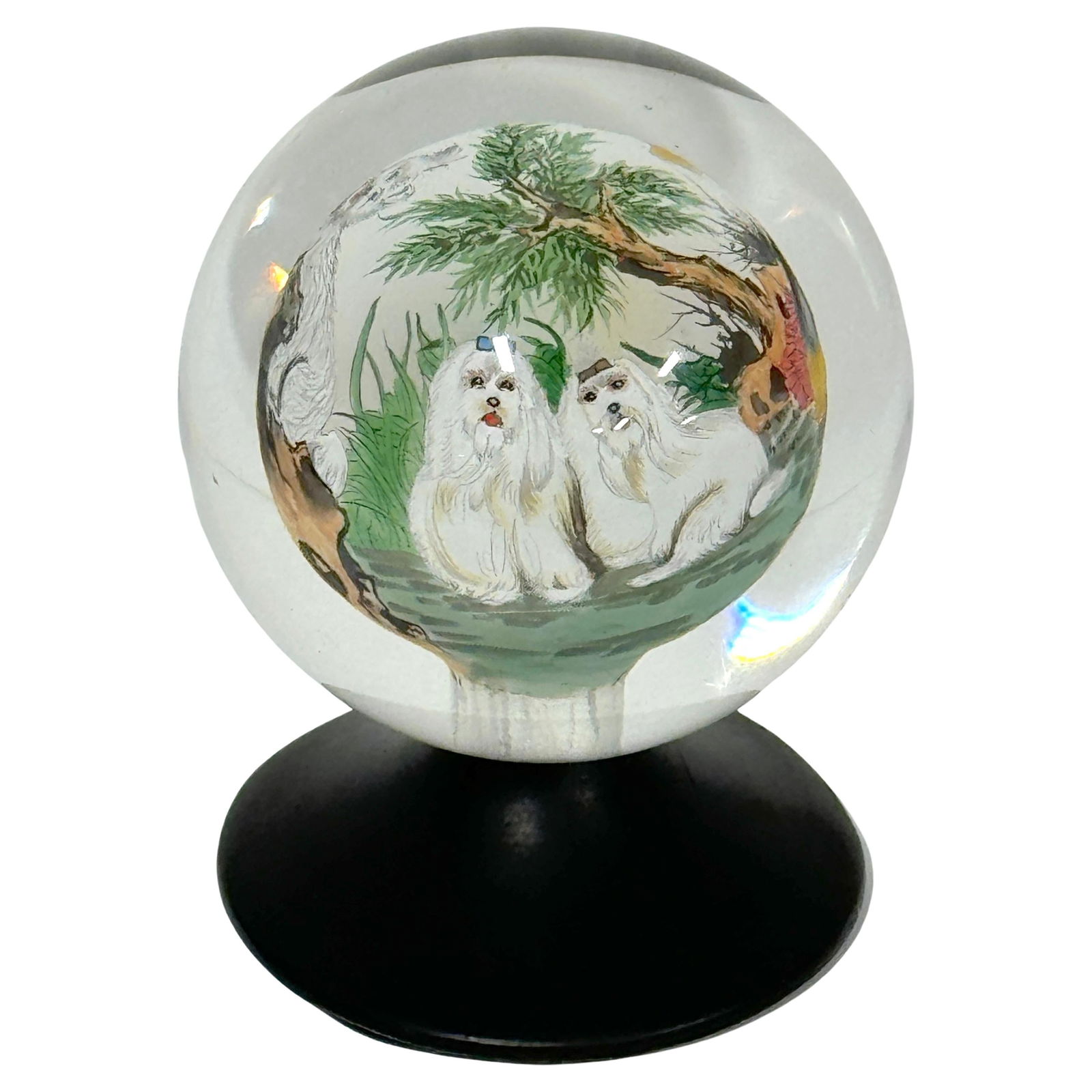 Unique Exotic Dogs Reverse Painted Glass Newel Post 20th Century: Unique Exotic Dogs Reverse Painted Glass Newel Post 20th Century Introducing an exquisite Exotic Dogs in Landscape Motif Reverse Painted Glass Newel Post from the late 20th century. This captivating p