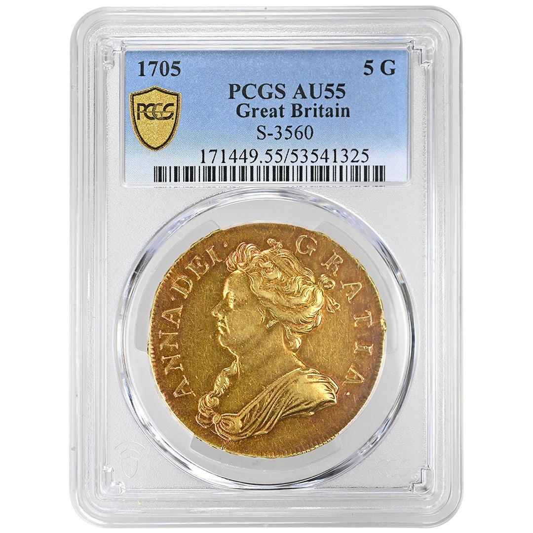 Gold 5 Guineas 1705 Queen Anne United Kingdom PCGS AU55 Certified (1 of 4)