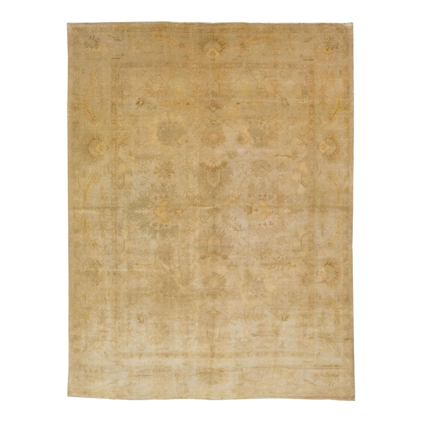 Vintage Turkish Oushak Handmade Floral Wool Rug 8'10 x 11'9 Beige: Vintage Turkish Oushak Handmade Floral Wool Rug 8'10 x 11'9 Beige This exquisite vintage Turkish Oushak rug showcases a captivating hand-knotted design in an elegant beige field, adorned with classic