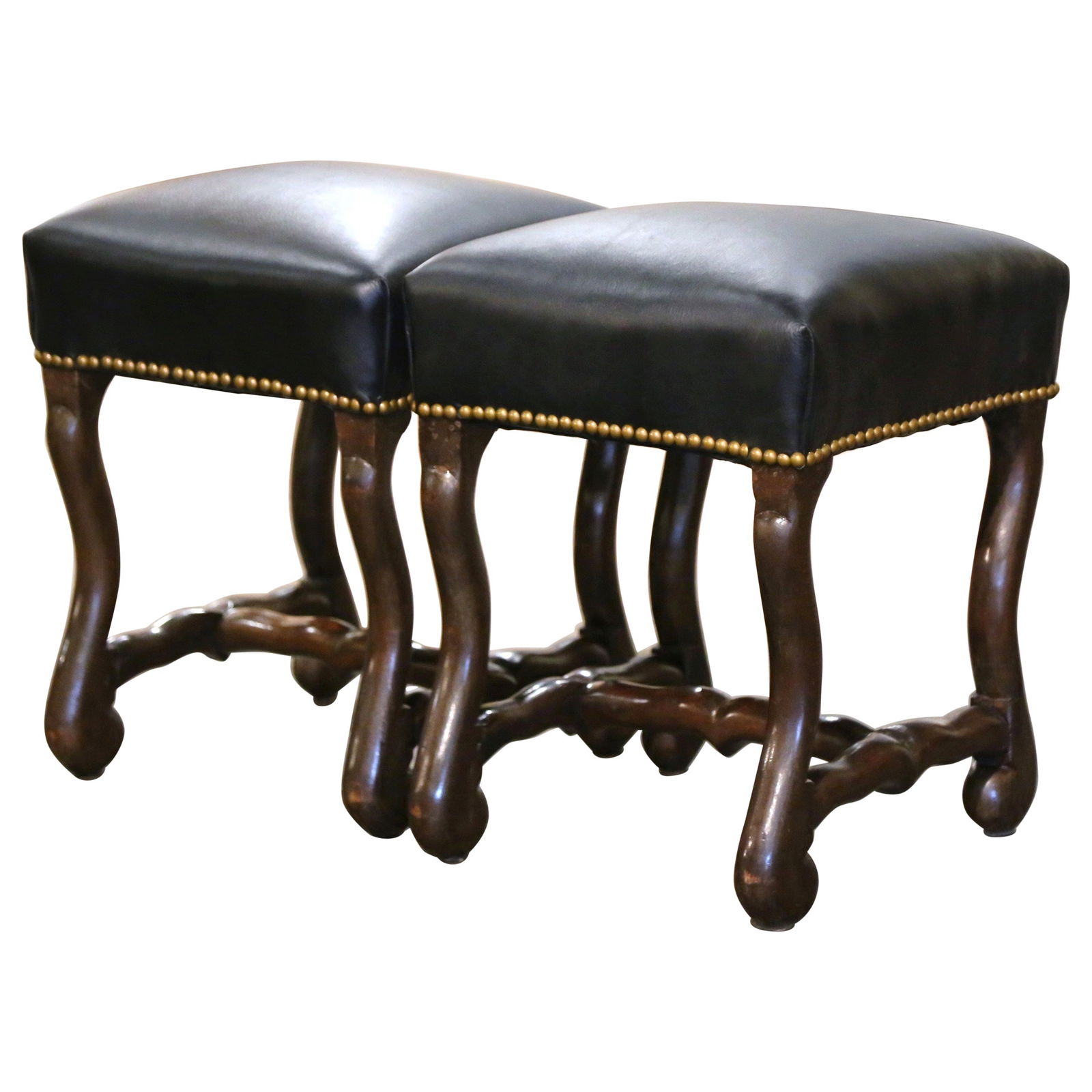 Set of 2 French Louis XIII Style Walnut Stools With Leather Seats Circa 1950 (1 of 7)