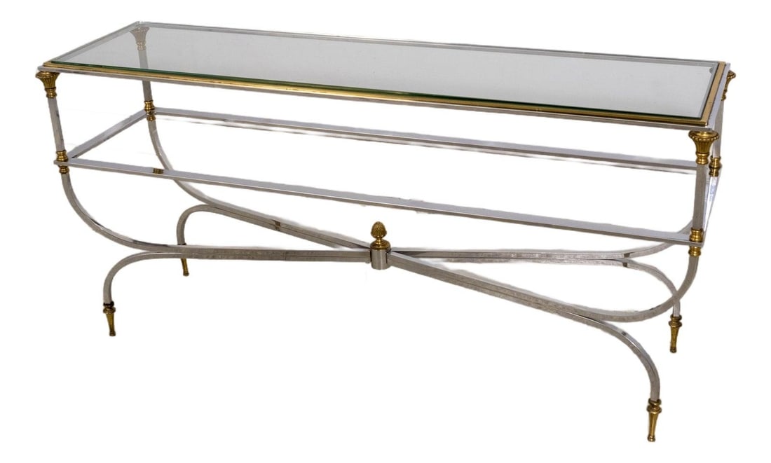 Maison Jansen Style 2 Tier Brass and Chrome Sofa Table (1 of 10)