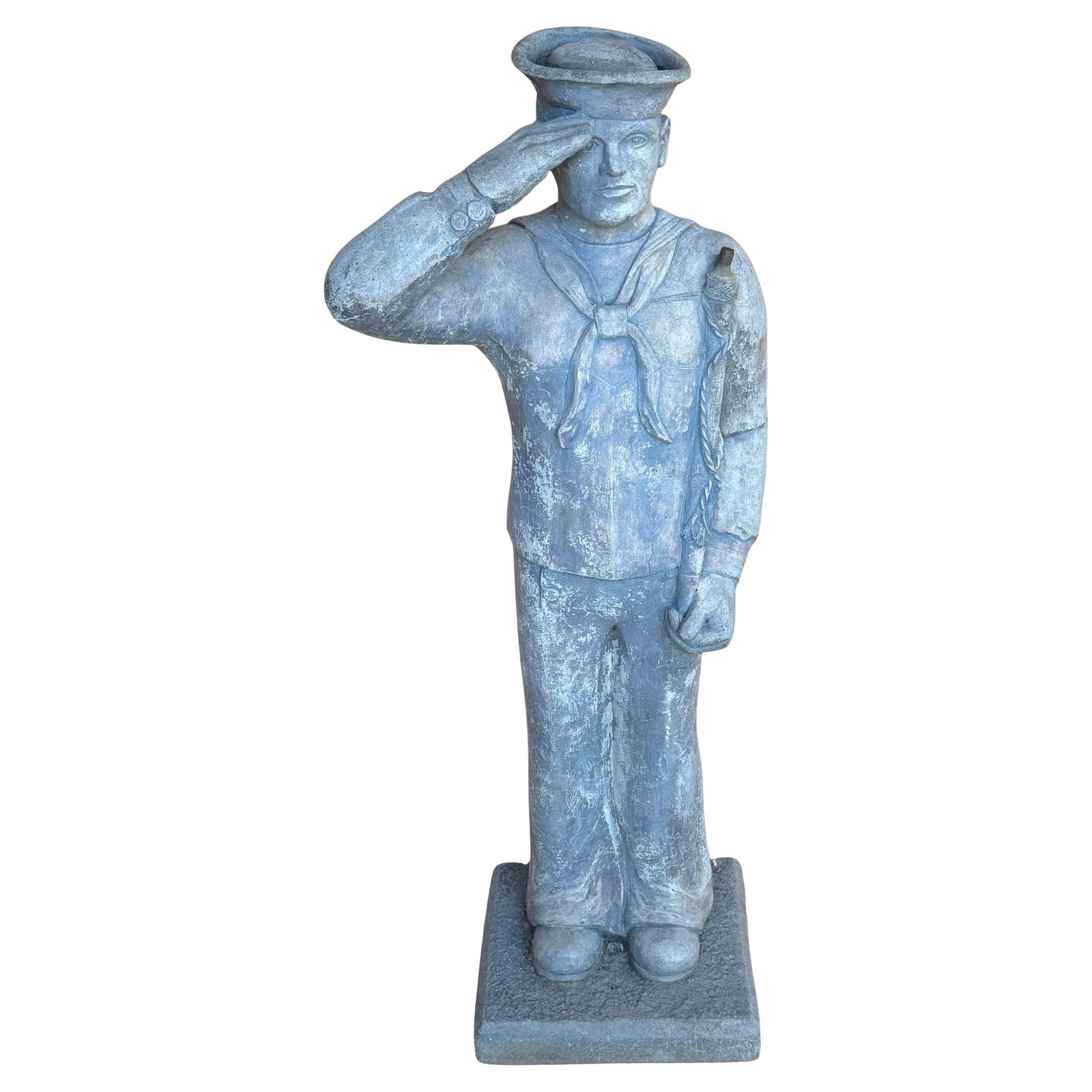 WPA Style 41 Inch Cast Stone Navy Sailor Statue: WPA Style 41 Inch Cast Stone Navy Sailor Statue This striking WPA-style cast stone garden flag bearer statue depicts a handsome Navy sailor, showcasing meticulous artistry reminiscent of the American