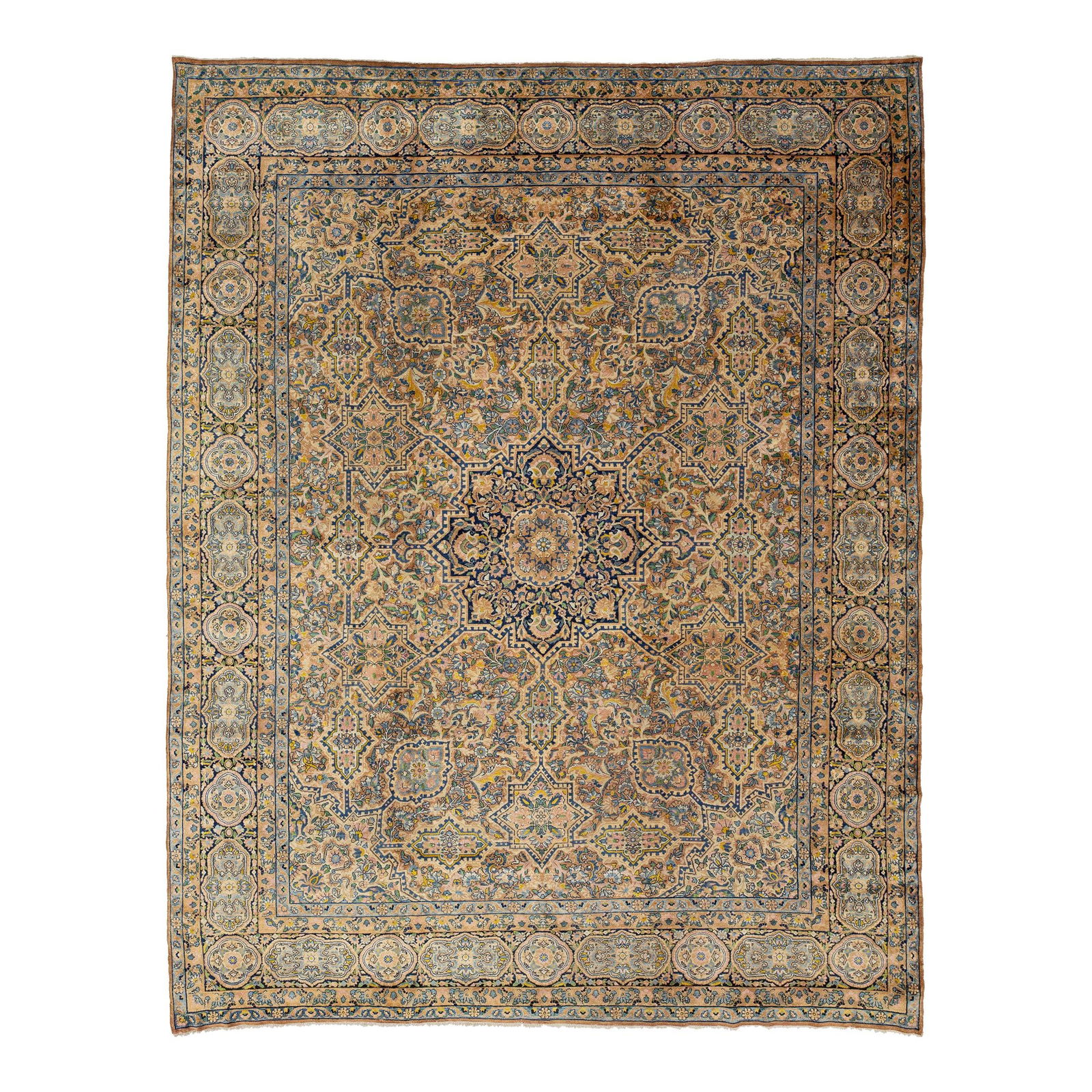 1920s Antique Kerman Wool Rug 10'8 x 13'7 Allover Design: 1920s Antique Kerman Wool Rug 10'8 x 13'7 Allover Design This exquisite antique Kerman wool rug, originating from the 1920s, showcases a stunning dark blue all-over motif set against a beige field. Th