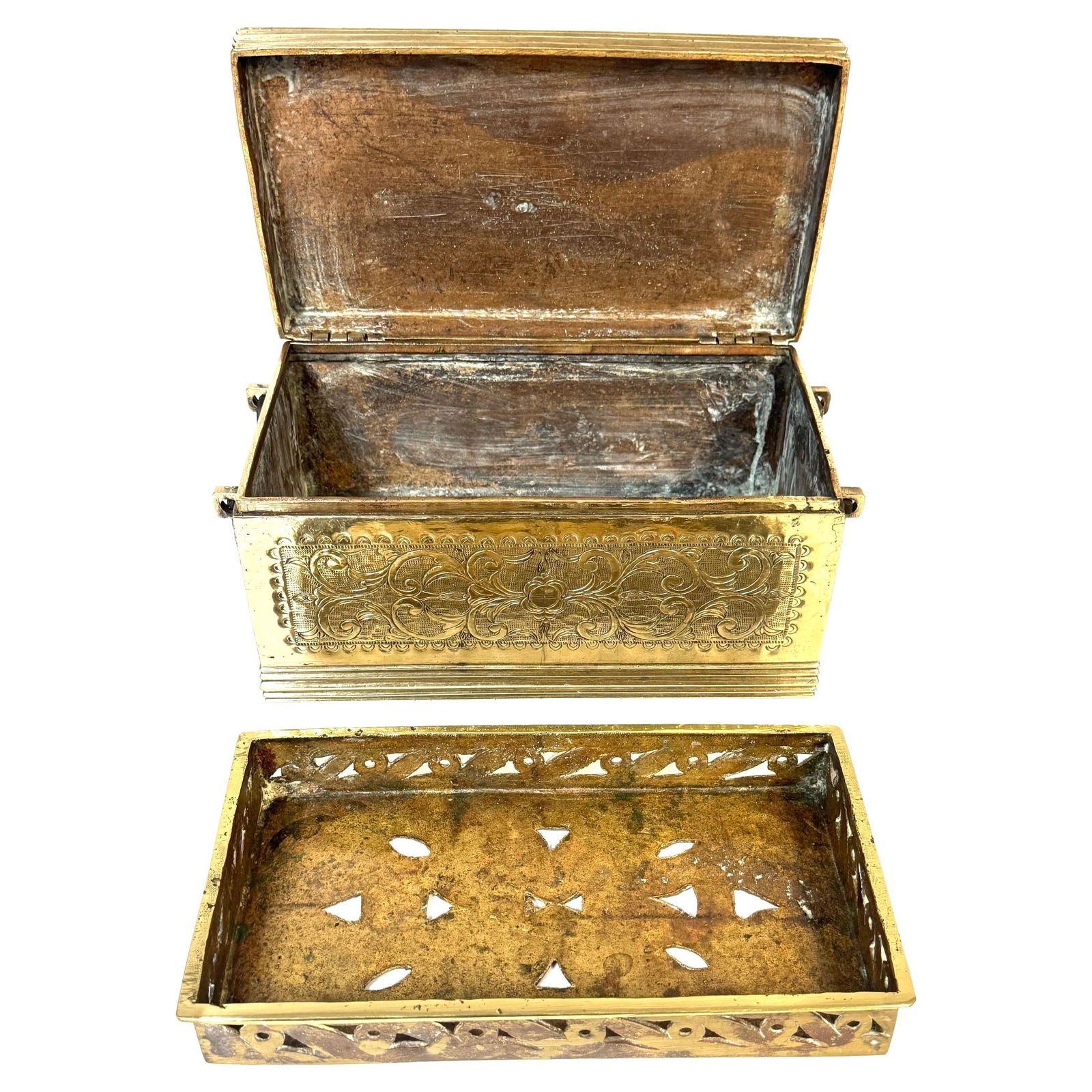 Set of 2 Late 19th Century Cast Brass Engraved Brazier Box and Tray India (1 of 14)
