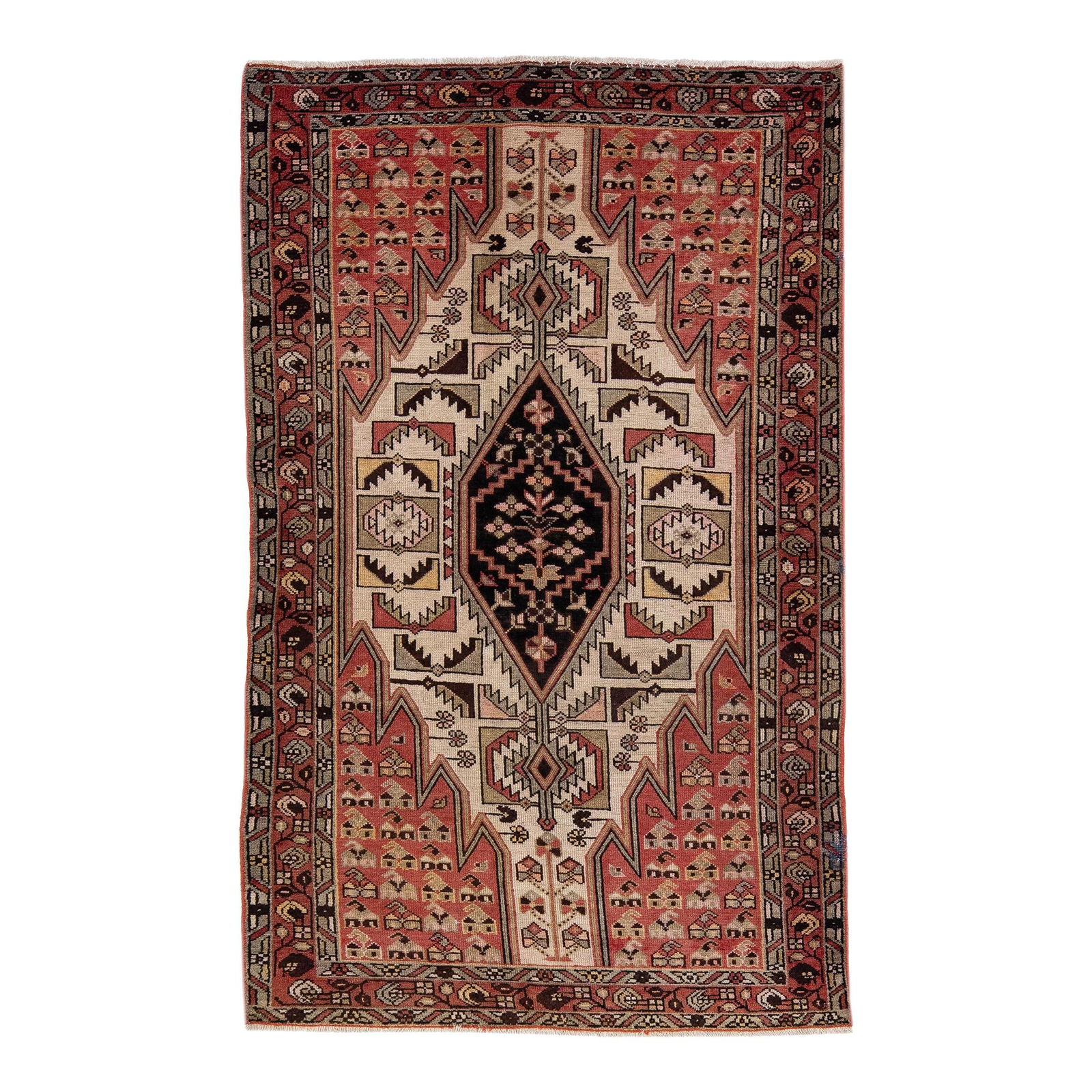 Vintage Persian Hamadan Handmade Wool Rug 4'1" x 6'7" Medallion Design: Vintage Persian Hamadan Handmade Wool Rug 4'1" x 6'7" Medallion Design This exquisite vintage Persian Hamadan rug showcases a stunning hand-knotted wool construction, featuring a rich brown color fiel