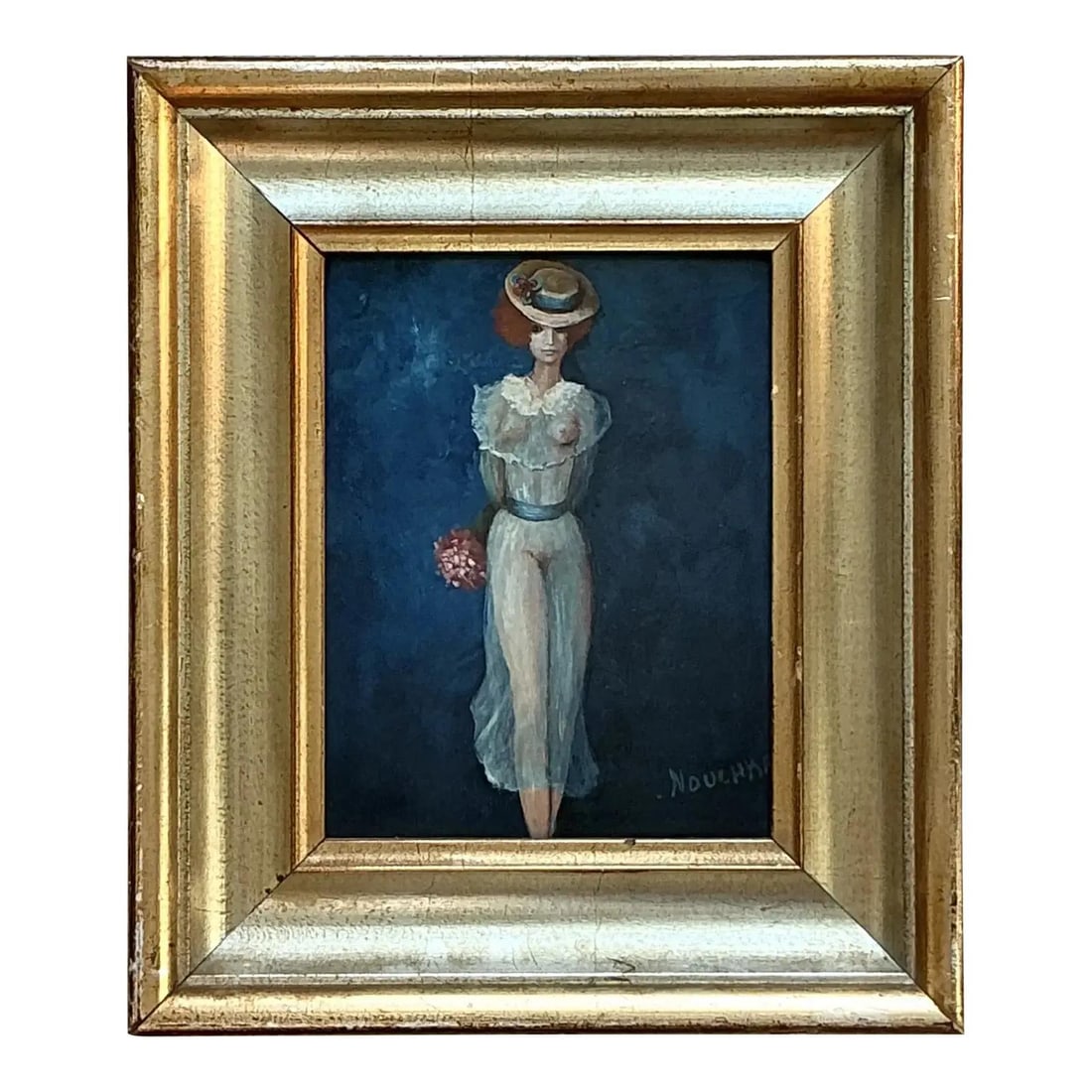 Vintage Boho Figurative Oil Painting on Canvas in Gilded Frame: Vintage Boho Figurative Oil Painting on Canvas in Gilded Frame This enchanting vintage portrait captures the essence of elegance and femininity through an impressionist depiction of a woman in a delic