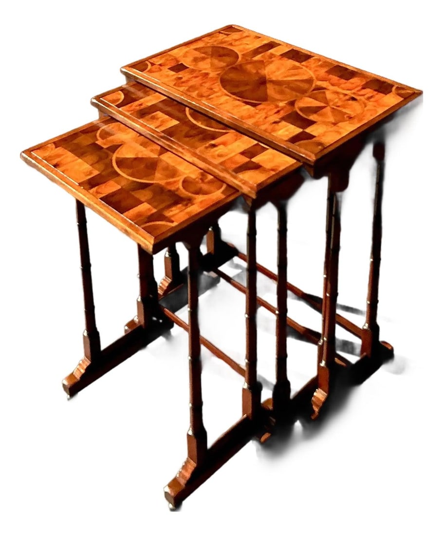 Set of Three Burl Wood Marquetry Nesting Tables with Glossy Finish: Set of Three Burl Wood Marquetry Nesting Tables with Glossy Finish This set of three vintage nesting tables showcases refined Neoclassical and Regency influences, with each table featuring a glossy sq