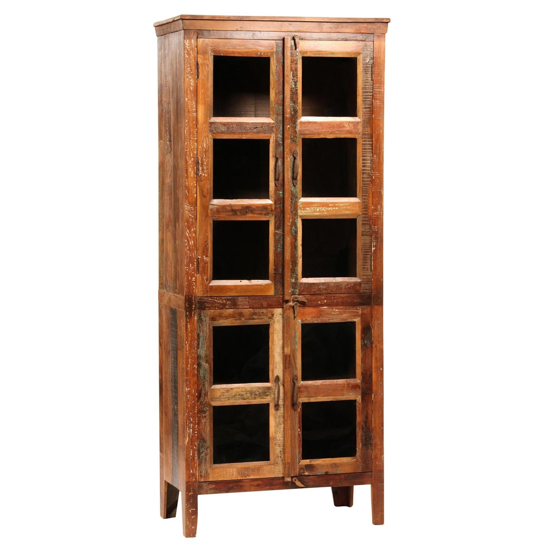 Nantucket Coastal Mango Wood Glass Cabinet Distressed Finish: Nantucket Coastal Mango Wood Glass Cabinet Distressed Finish This Coastal Distressed Mango Wood Glass Cabinet combines functionality with a charming vintage aesthetic. Hand-built from reclaimed mango