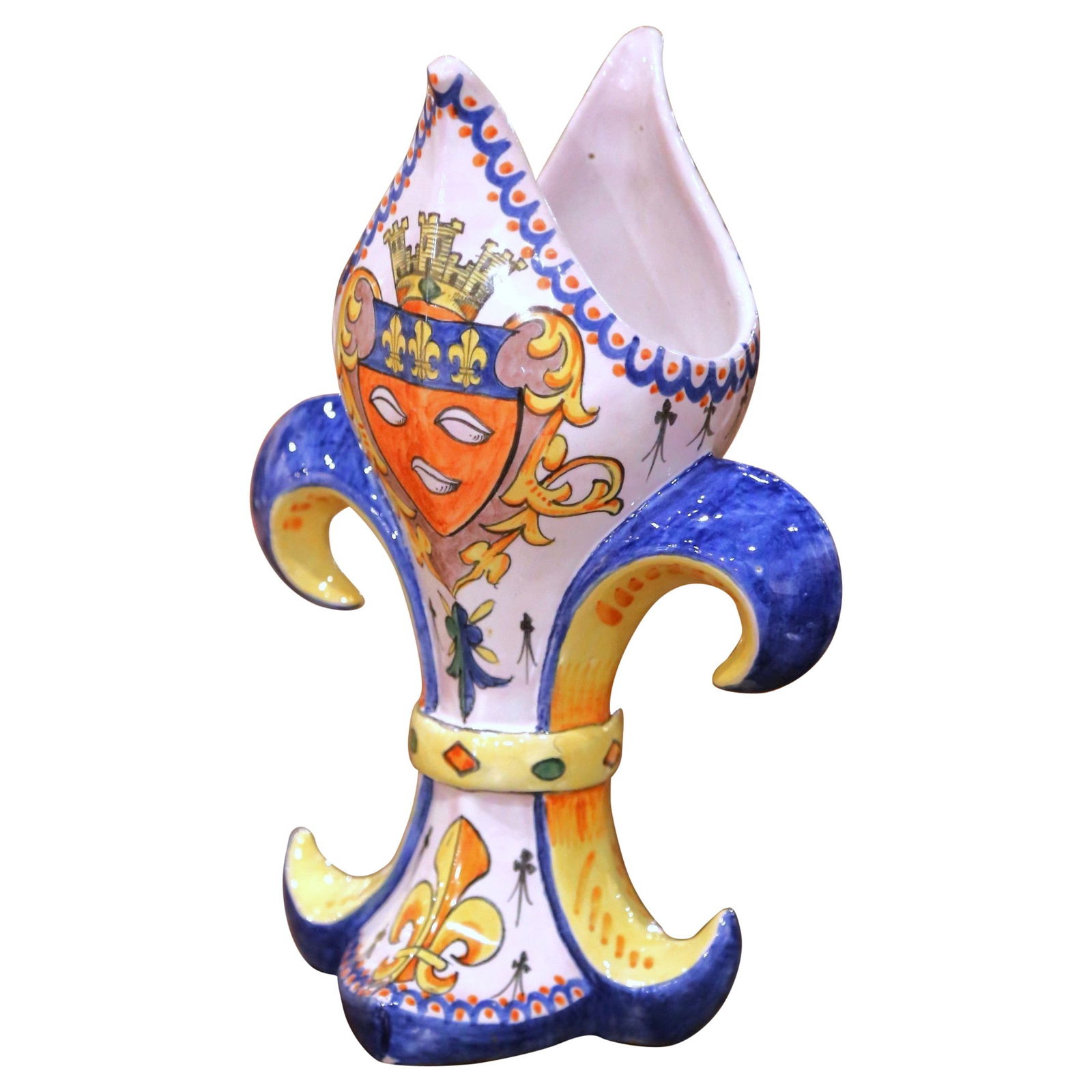 19th Century Alcide Chaumeil French Faience Fleur-de-Lys Vase: 19th Century Alcide Chaumeil French Faience Fleur-de-Lys Vase Add a touch of heraldic charm to your decor with this exquisite 19th Century French Faience vase by Alcide Chaumeil. Crafted in Paris circ
