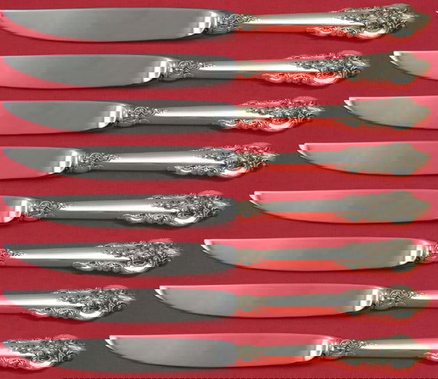 Wallace Grande Baroque Sterling Silver Steak Knife Set 8pc: Wallace Grande Baroque Sterling Silver Steak Knife Set 8pc This exquisite set of 8 steak knives showcases the elegant Grande Baroque pattern by Wallace, crafted from high-quality sterling silver.
