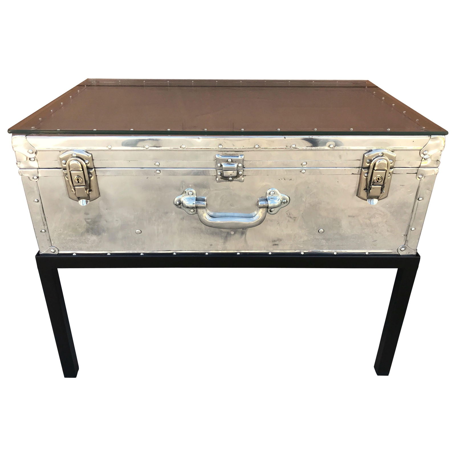 Japanese 1950s Aluminum Trunk with Iron Stand and Glass Top, Restored: Japanese 1950s Aluminum Trunk with Iron Stand and Glass Top, Restored This exquisite Japanese post-war aluminum riveted trunk is elegantly mounted on a sturdy iron stand and topped with a custom glass