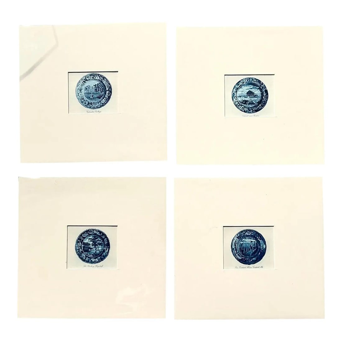 Set of Four 19th-Century Chinoiserie Transferware Art Prints with Blue Matting: Set of Four 19th-Century Chinoiserie Transferware Art Prints with Blue Matting This set of four vintage prints features detailed circular designs inspired by 19th-century blue and white transferware.