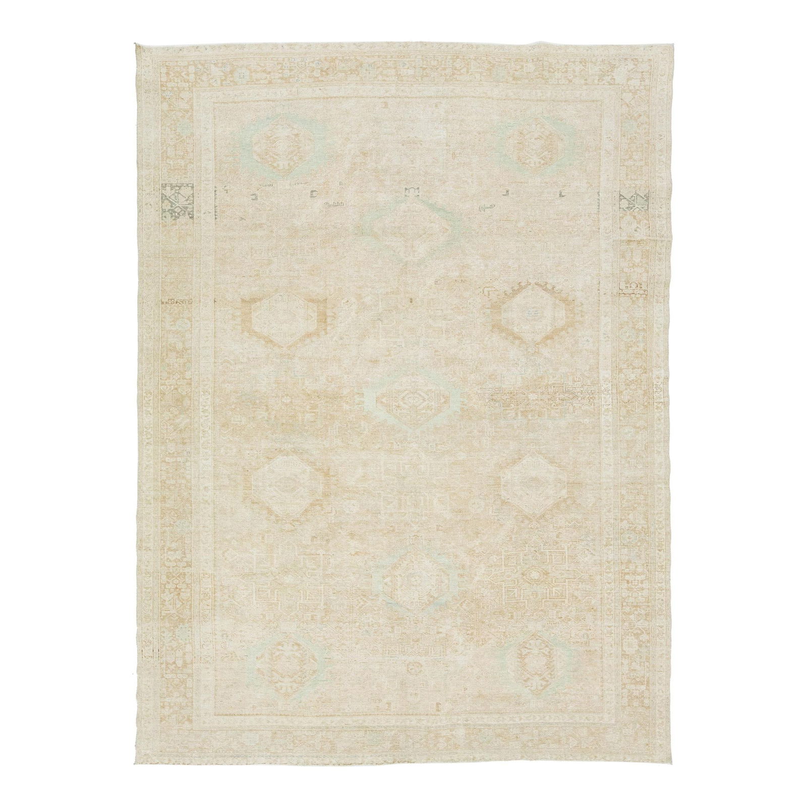 1920s Antique Persian Heriz Wool Rug Beige Green Design 8' x 10'10: 1920s Antique Persian Heriz Wool Rug Beige Green Design 8' x 10'10 This exquisite 1920s antique Persian Heriz rug features a captivating green allover design that beautifully complements its luxurious