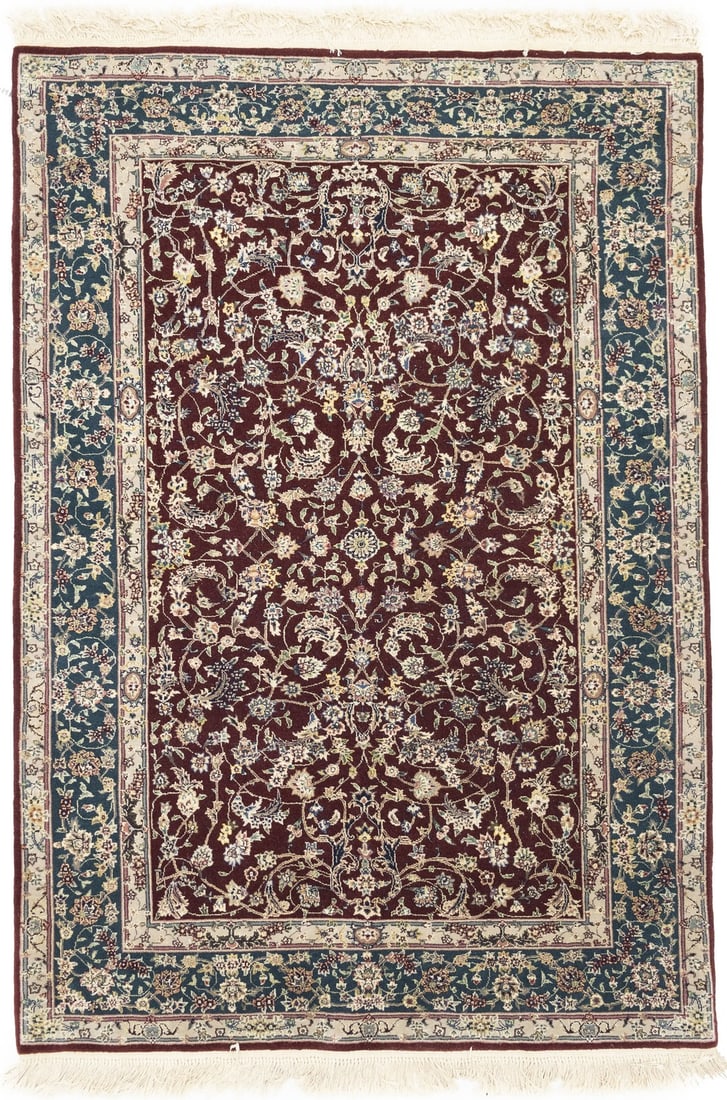 Hand-knotted Floral Wool and Silk Area Rug 4'1 x 6' Modern Chinese Inspired: Hand-knotted Floral Wool and Silk Area Rug 4'1 x 6' Modern Chinese Inspired This handmade modern Oriental rug features a floral Chinese style design, expertly hand-knotted with wool and silk. With a r