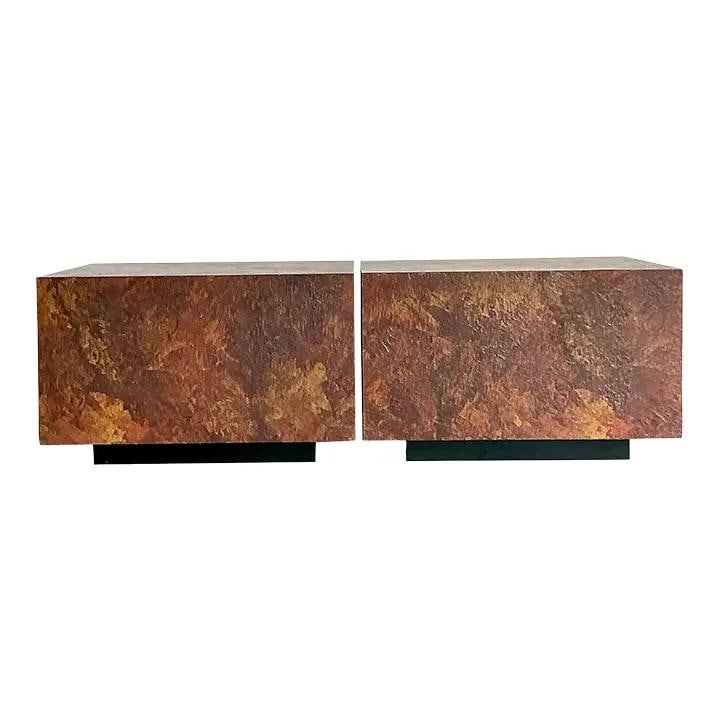 Vintage Boho Laminate Cube Side Tables Pair 1970s Organic Design: Vintage Boho Laminate Cube Side Tables Pair 1970s Organic Design Enhance your living space with this stunning pair of vintage Boho painted laminate cube side tables. Each table features a striking mon