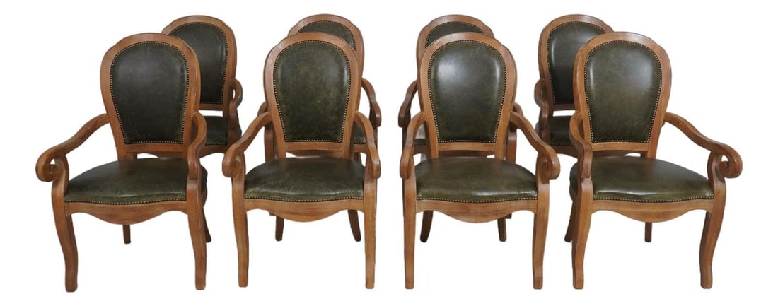 Eight Green Leather Armchairs in French Inspired Design Set of 8 (1 of 10)