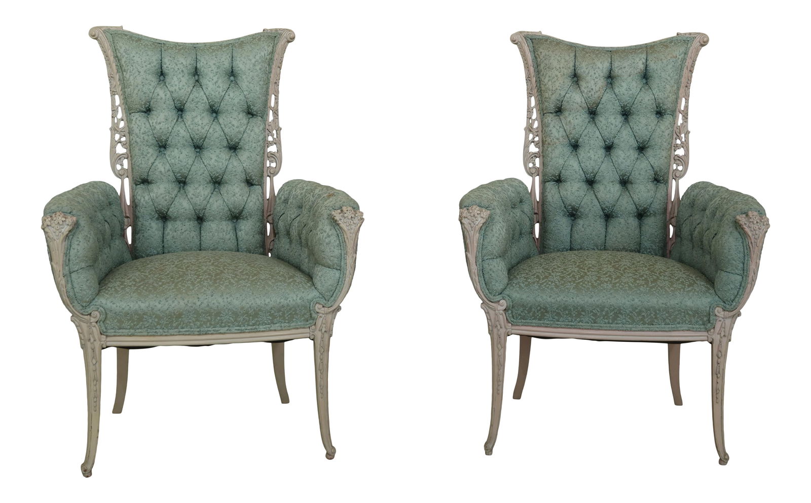 Pair of Vintage French Carved Tufted Upholstered Fireside Chairs (1 of 10)