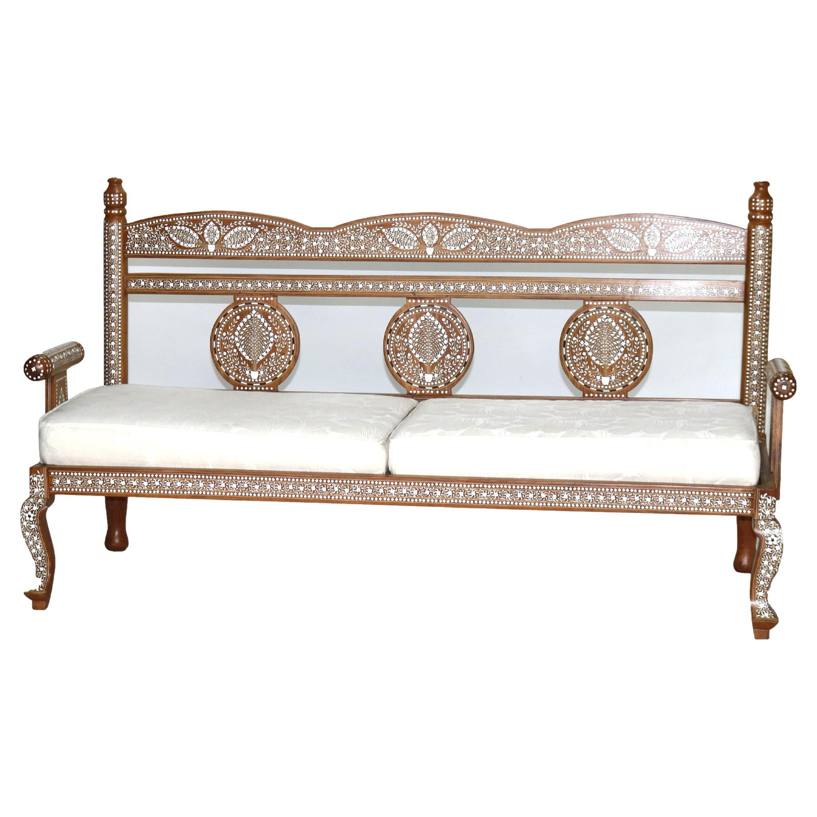 Intricately Inlaid Walnut Bench Featuring Moorish Floral Motifs 20th Century: Intricately Inlaid Walnut Bench Featuring Moorish Floral Motifs 20th Century This finely crafted 20th century bench features a classic Moorish style, highlighted by intricate inlaid walnut woodwork wi